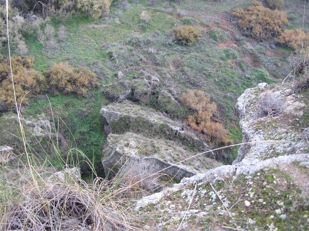 Porción sur del movimiento de ladera visto desde el borde del escarpe. El movimiento de esta porción fue por volteo (toppling)