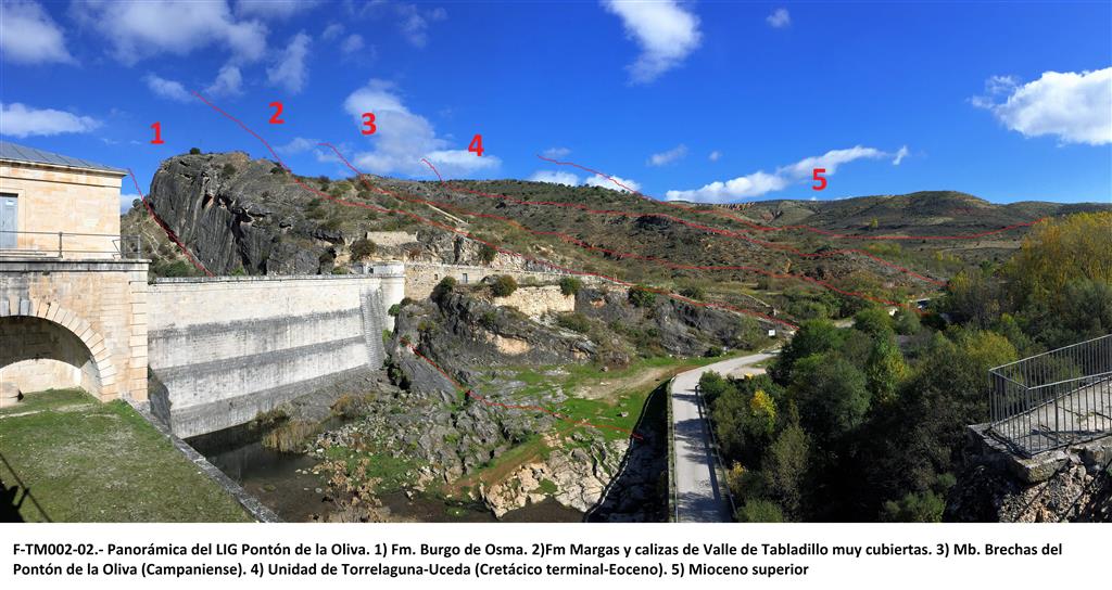 Panorámica del LIG: 1-Fm. Burgo de osma. 2- Fm. Margas y calizas de Valle de Tabladillo muy cubiertas. 3- Mb. Brechas del Pontón de la Oliva (Campaniense). 4- Ud. Torrelaguna-Uceda (Cretácico terminal-Eoceno). 5- Mioceno superior.