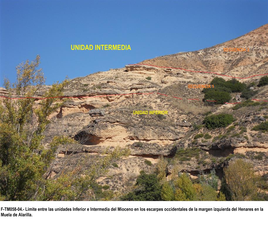 Límite entre las unidades Inferior e Intermedia del Mioceno en los escarpes occidentales de la margen izquierda del Henares en la Muela de Alarilla.