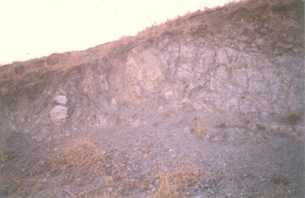 Falla inversa poniendo en contacto un conjunto claro, correspondiente a los granitoides del Sistema Central, y otro oscuro, perteneciente al conjunto arcósico del Mioceno de la Cuenca de Madrid.