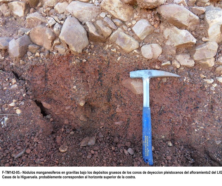 Nódulos manganesíferos en gravillas bajo los depósitos gruesos de los conos de deyección pleistocenos del afloramiento 2 del LIG Casas de la Higueruela. Probablemente corresponden al horizonte superior de la costra.