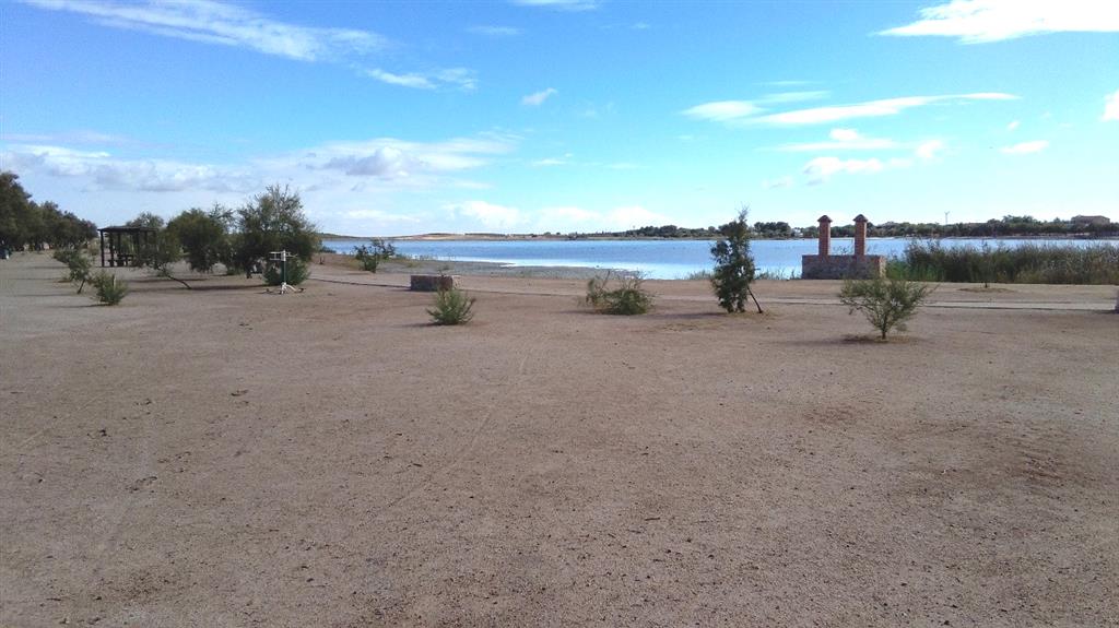 Laguna Grande de Villafranca de los Caballeros desde la zona de playa situada en el sector suroccidental. La vegetación corresponde a reforestación. Las actividades recreativas se concentran en los sectores oeste y sur de esta laguna.